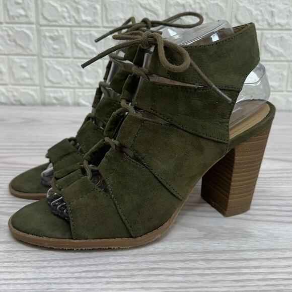 Reaction Kenneth Cole Sandals WMNS 8 Gladiator Lace Up Suede Green Block Heels - Picture 4 of 6